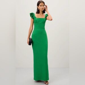 Ieena for Mac Duggal Emerald Green Maxi Dress with Ruffle Shoulders size 4